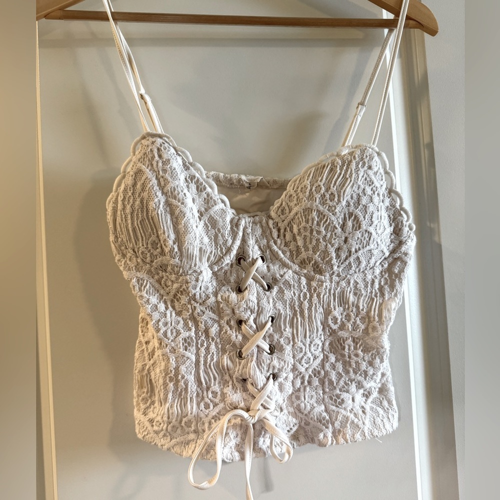 meraki Cream Lace Corset-Style Tank Top